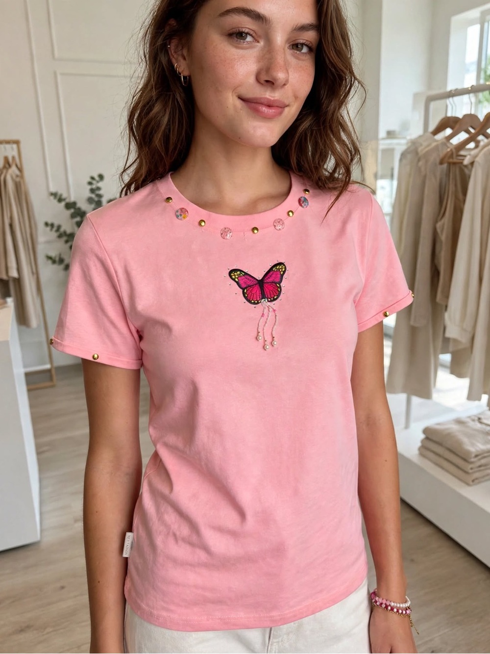 Embroidered Butterfly Short-Sleeve Tee - Pink